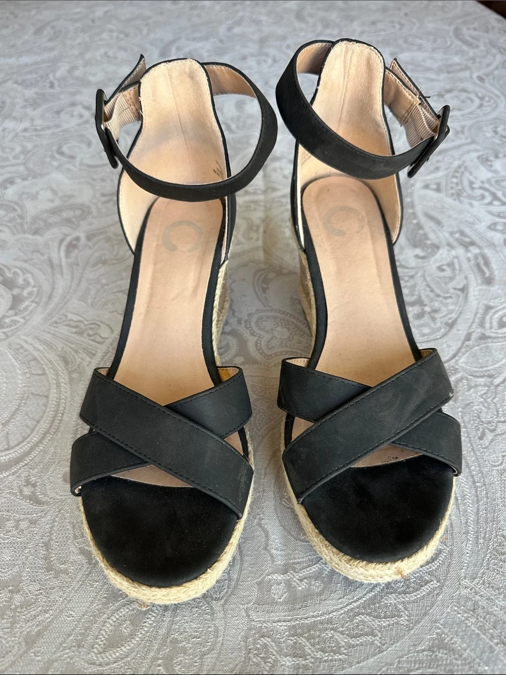 Onex Black Crisscross Ankle-Strap Espadrille Wedges